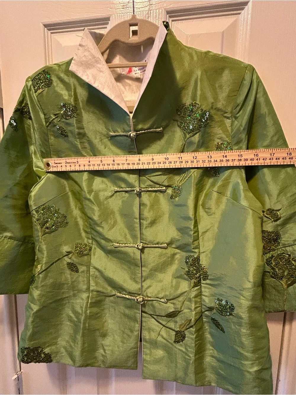 Laogudai Embroidered Green Silk Mandarin Collar Jacket- fits more like a medium